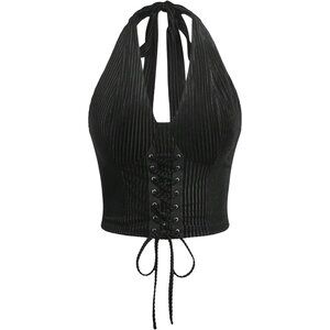 Women’s Plus Size Crop Top Lace Up Front Halter Open Back Casual Sleeveless